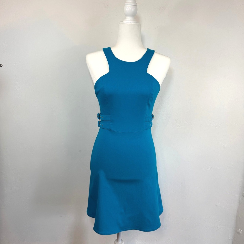 Y2K Guess Teal Buckle Mini Dress XS Bodycon Fit Flare Racer Neck Party 2000s‎